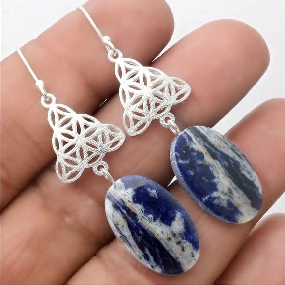 Sacred geometry sterling silver earrings with sodalite - Picture 1 of 3